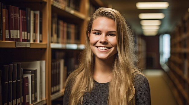 A bookcase at a university library with a portrait of a cheerful woman standing behind it is created using Generative AI