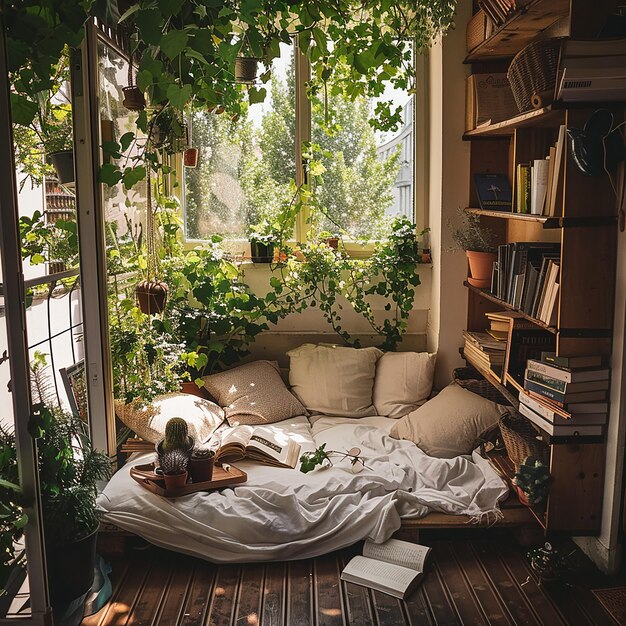 Photo a bookcase with a book shelf and a bookcase with a plant on it