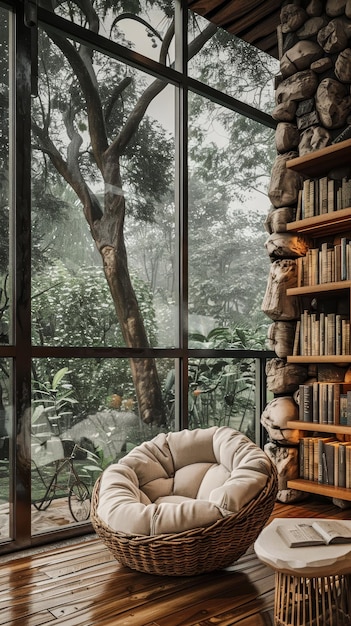 Photo a bookcase with a bookcase and a tree in the background