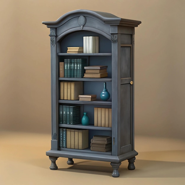 a bookcase with books on it and a blue vase on the bottom