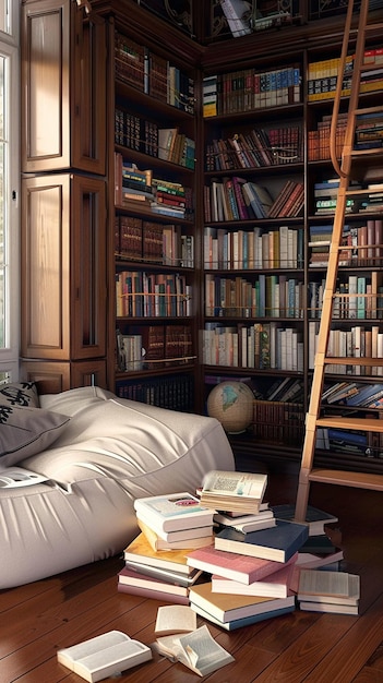 a bookcase with books on it and a book on the table