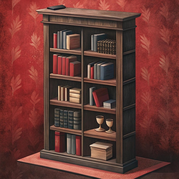 a bookcase with books on it and a red background