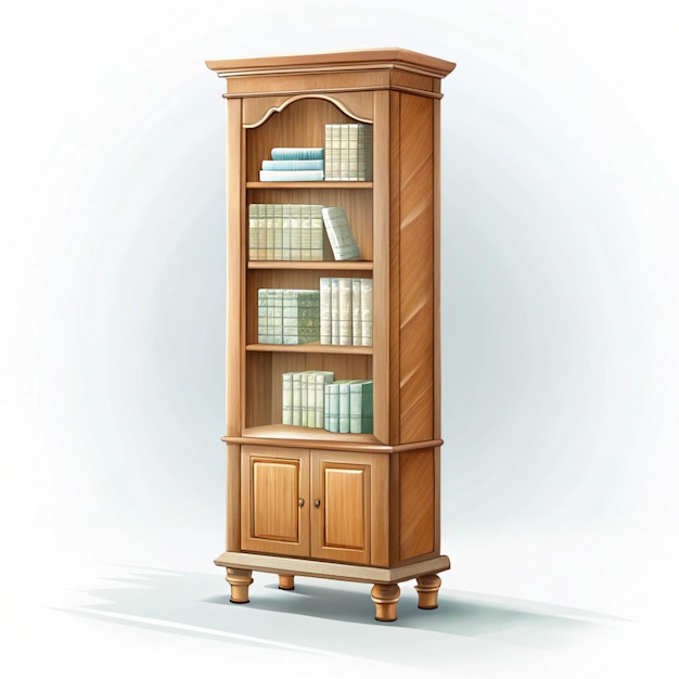 a bookcase with books on it and a white background