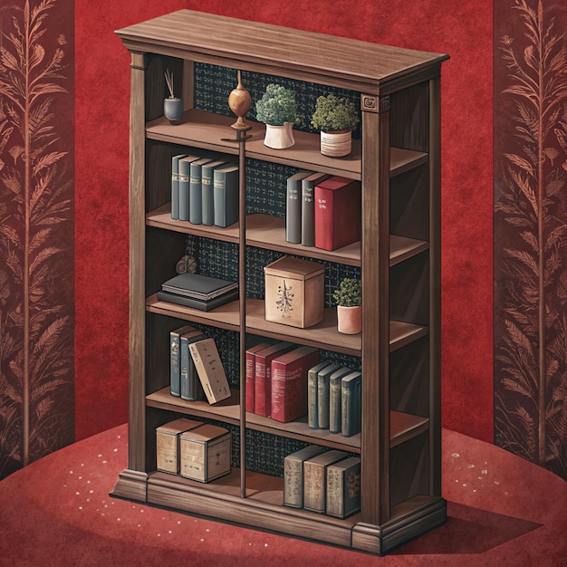 a bookcase with books on the shelf and a red wall behind it