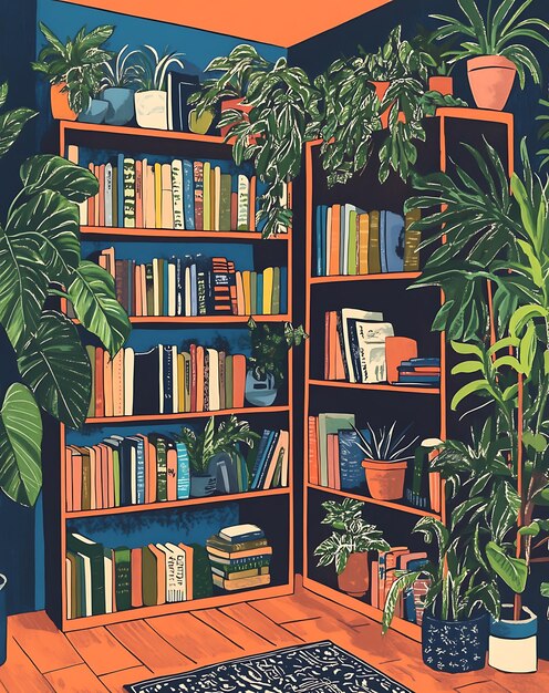 Photo a bookcase with books on the shelves and a palm tree