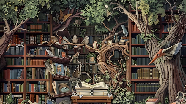 a bookcase with books and a tree on the top