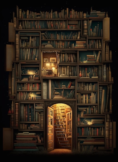 A bookcase with a door that says'library'on it