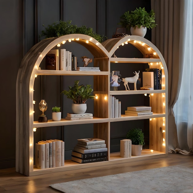 Photo a bookcase with a plant on it and a cat on the shelf