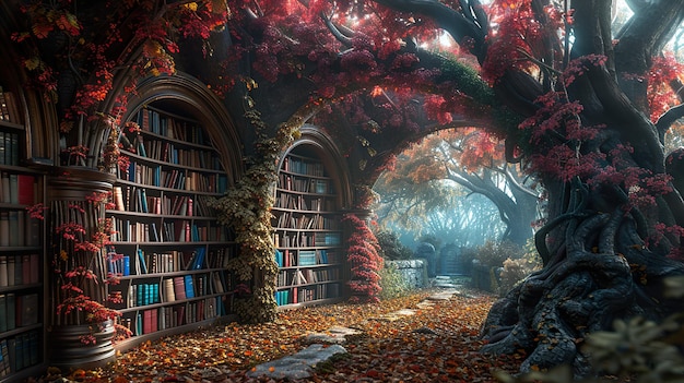 a bookcase with a tree in the background and a tree in the middle