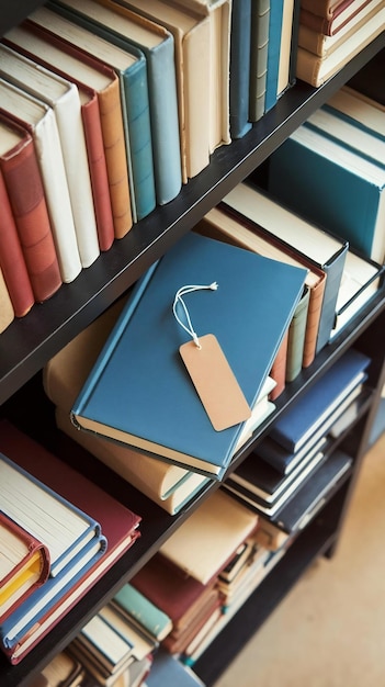 Photo bookmark on book arrangement above view