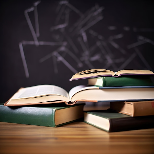 The books are placed on the table with a blackboard as the blurred background