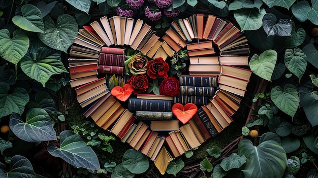 Books arranged in a heart shape with an illustrated garden background