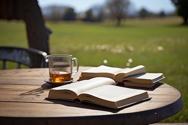 Books and cup of tea on table