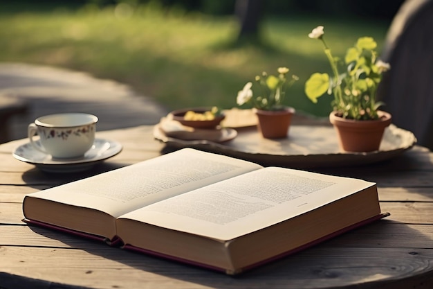 Books and cup of tea on table