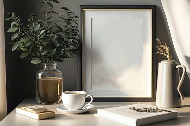 books and empty picture frame mockup on wooden desk Generative AI