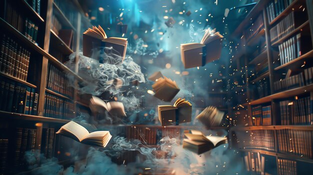 Books float in the air in a magical library setting surrounded by smoke and sparks