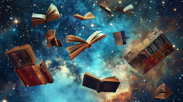 Books floating in the air with an illustrated galaxy background