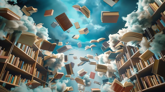 Books floating in the sky like clouds with bookcases on either side