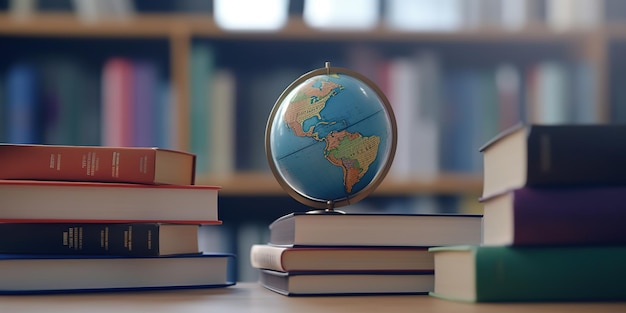 books and globe in library behind blurred table world books day