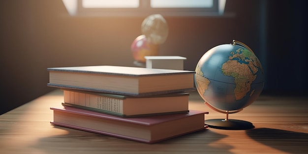 books and globe in library behind blurred table world books day