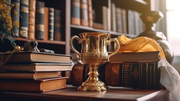 Books and golden cup on the desk educational background