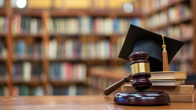 Photo books graduation cap and gavel on a sleek library desk