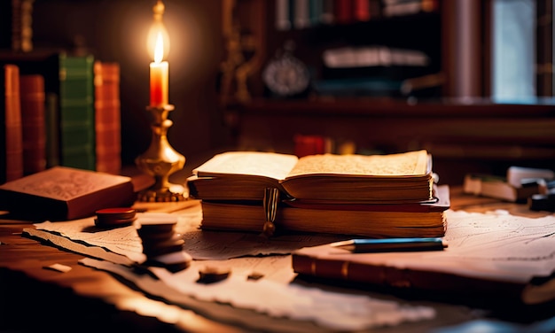 Books and map treasure map on the table in the study room