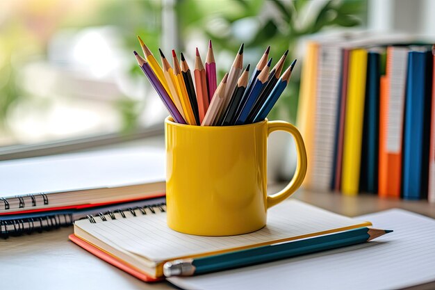 Photo books and notebooks near cup with pencils