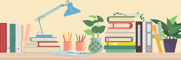 Photo books and office supplies on a desk a flat illustration depicting a desk with books office supplies and plants