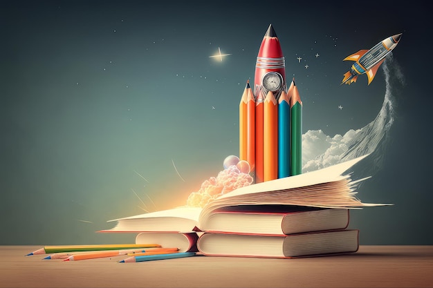 Books And Pencils With Rocket Sketch Illustration AI Generative