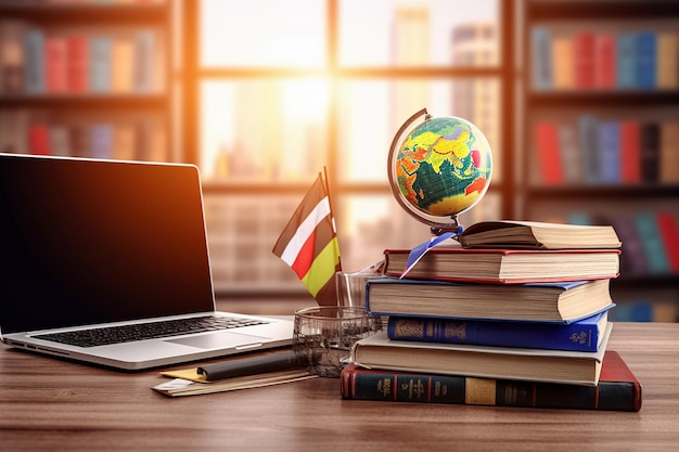 Books piled up on a desk with laptop and glove in a library Elearning concept