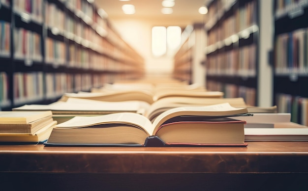 Books piled up in a library Teacher's day Education concept