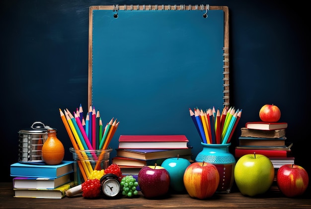 Books and school supplies with apples