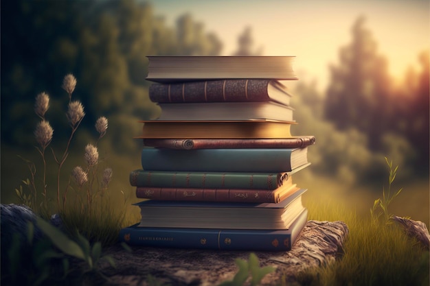 Books stacked on a natural background