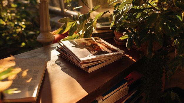 books in sunlight with leaves and shadows blur background