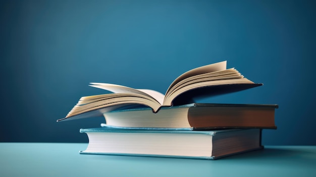 Books on top of each other on a blue background