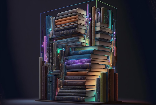 Books on a vertical rack with art created by a neural network