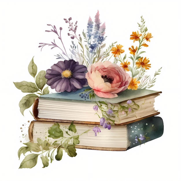 Books with flowers watercolor clipart