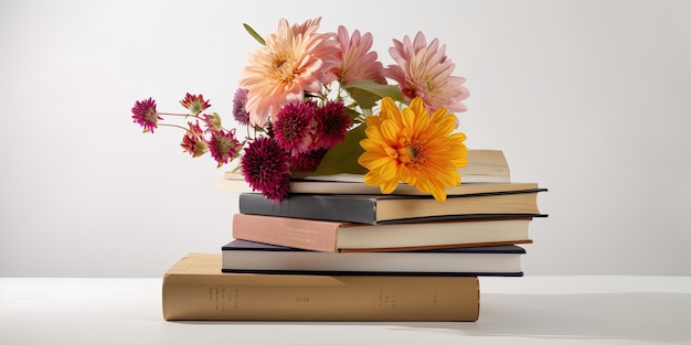 Books with Flowers on White Background World Book Day Concept Background