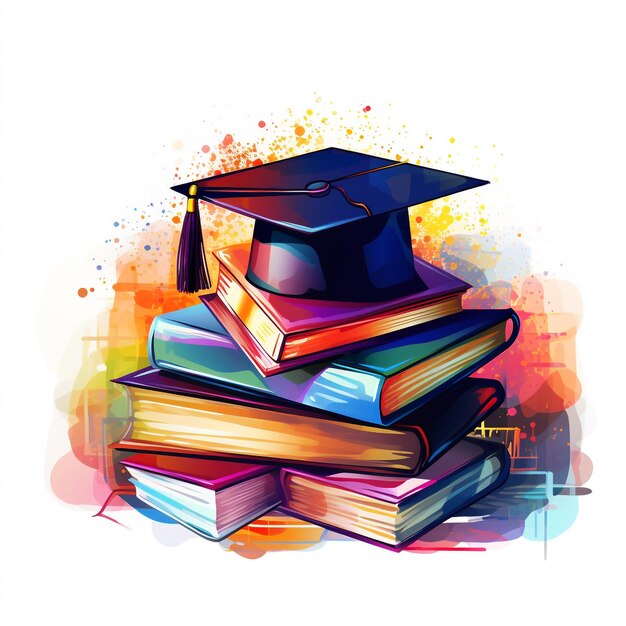 Books with graduation cap in digital art style for edu