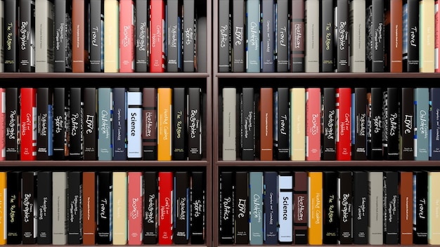 Books with various subjects on wooden shelves