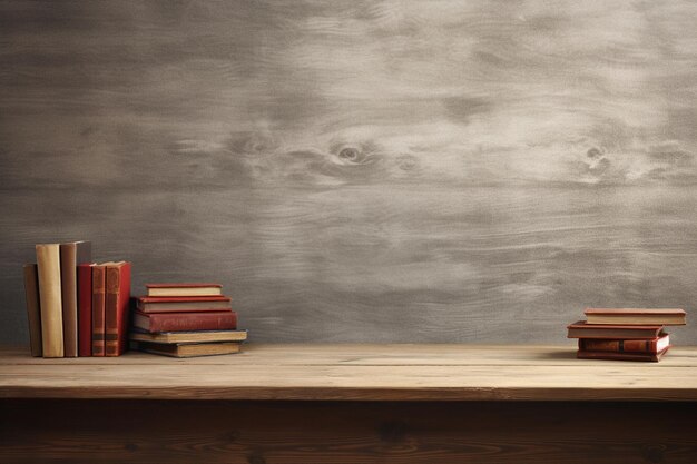 Books on wooden shelf on wooden table