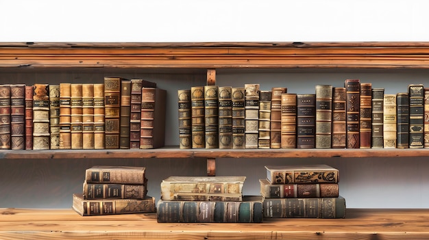 books on wooden table against shelves in library space for text isolated on white background