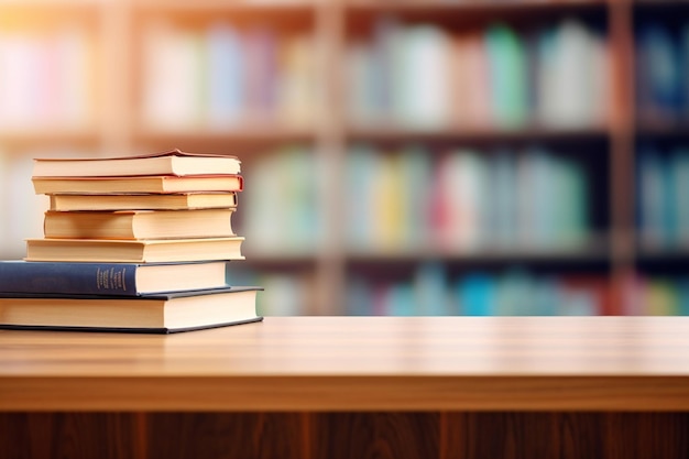 Books on Wooden Table with Blurred Bookshelf Background Generative AI