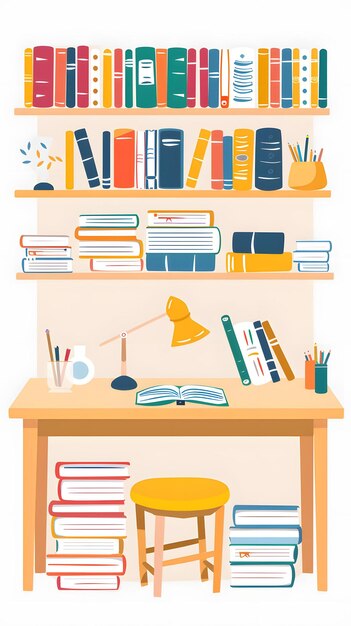 Photo bookshelf and desk with books and study supplies in colorful illustration