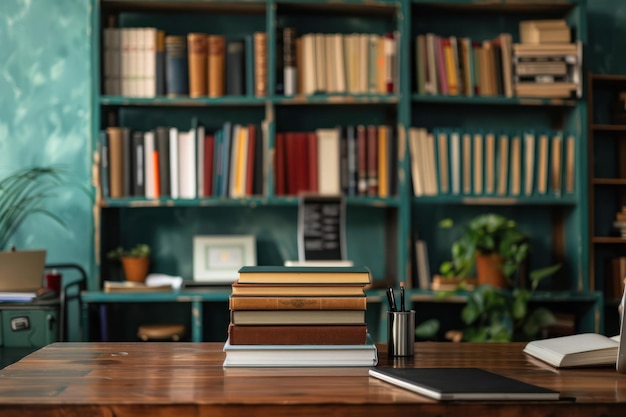 Photo bookshelf and a desk with a stack of books