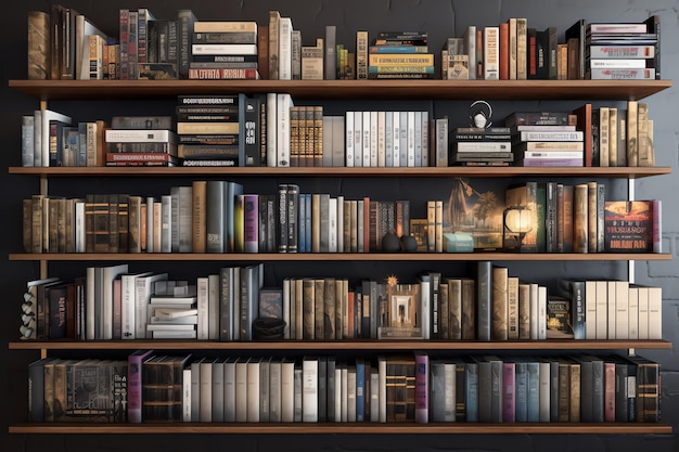 Bookshelf filled with hardcover books of various genres