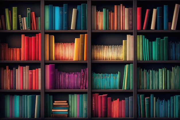 Bookshelf overflowing with books each one a different color and size created with generative ai