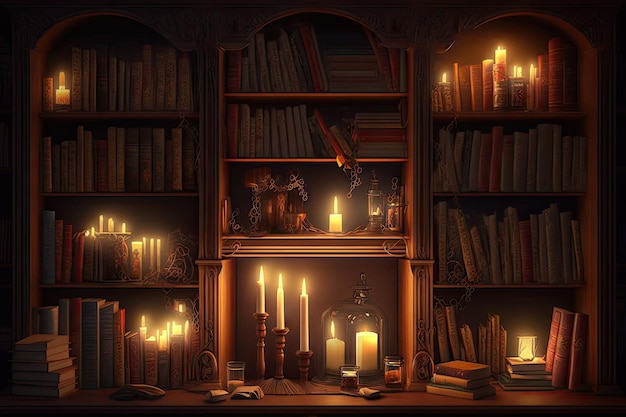 Bookshelf surrounded by candles creating a warm and cozy atmosphere created with generative ai