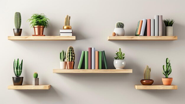 Photo bookshelf with books and cactuses and succulents on white wall background